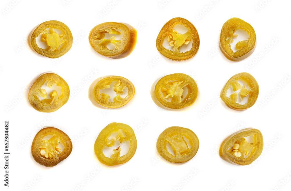 Fototapeta premium Pickled Jalapeno, Marinated Green Jalapenos, Hot Mexican Pepper Slices, Pickled Green Jalapeno