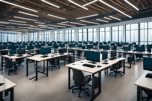A modern computer class room, filled with rows of sleek computers and spacious desks