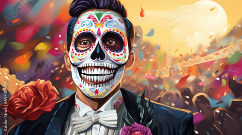 illustration of a man dressed in Mexican clothing with a skeleton face on the parade day of the dead