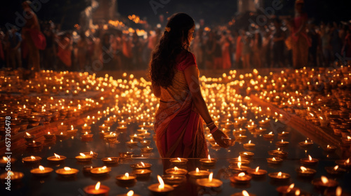 Indian woman lights fire at Diwali Festival of Lights, Hindu, Indian