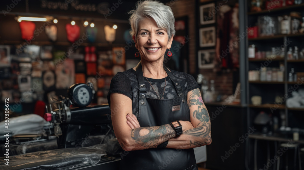 Senior woman tattoo artist wearing gloves in a tattoo shop Senior woman tattoo artist wearing gloves in a tattoo shop