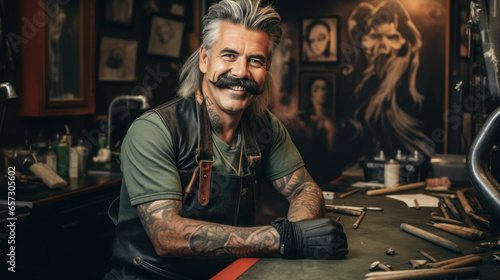 Senior male tattoo artist Has a beautiful long mustache wearing gloves in a tattoo shop