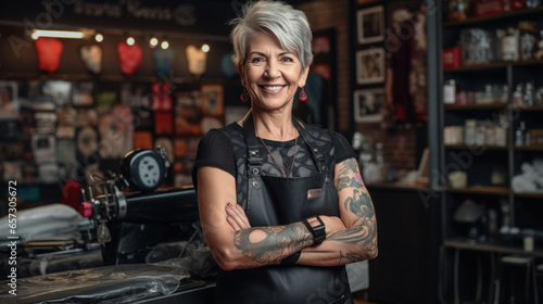 Senior woman tattoo artist wearing gloves in a tattoo shop photo