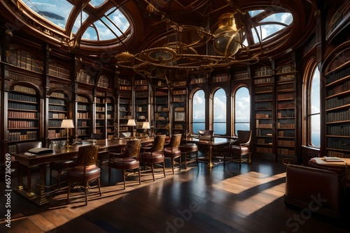 A steampunk-inspired library aboard an airship