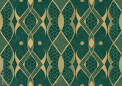 Wallpaper Mural Hand-drawn unique abstract symmetrical seamless gold ornament and splatters of golden glitter on a dark cold green background. Paper texture. Digital artwork, A4. (pattern: p12b) Torontodigital.ca