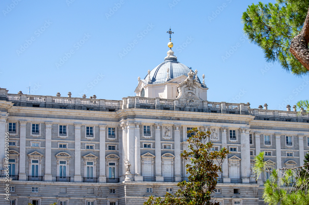 Palacio Real de Madrid (The Royal Palace), the official residence of the Spanish Royal Family, view from the Sabatini Gardens in Madrid, Spain