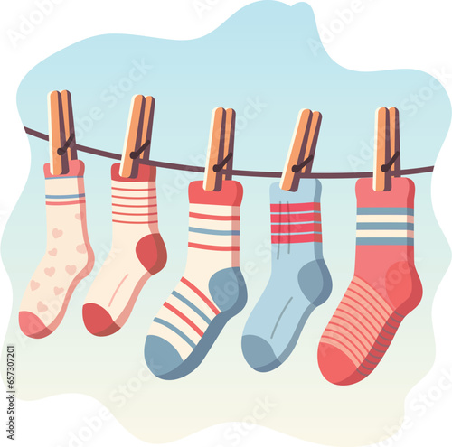 Drying socks hanging on a rope, flat style vector illustration, different colors of socks hanging on a rope with hanging clips stock vector image