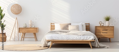 Scandinavian style white room with a round mirror wooden bed cabinet and armchair Actual photo With copyspace for text