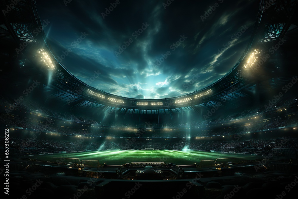 universal grass stadium illuminated by spotlights and empty green grass playground, grand sport building digital 3D background advertisement background illustration