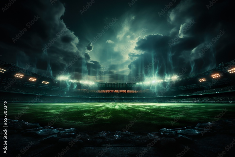 universal grass stadium illuminated by spotlights and empty green grass playground, grand sport building digital 3D background advertisement background illustration