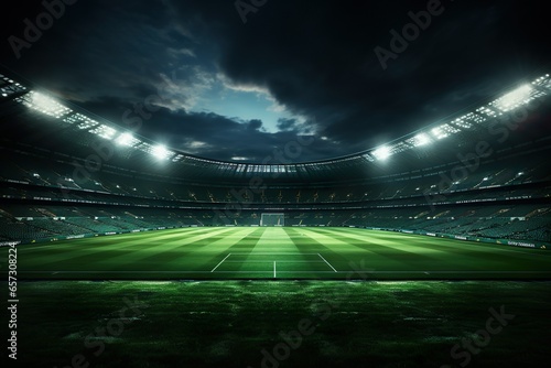 universal grass stadium illuminated by spotlights and empty green grass playground, grand sport building digital 3D background advertisement background illustration © Kay