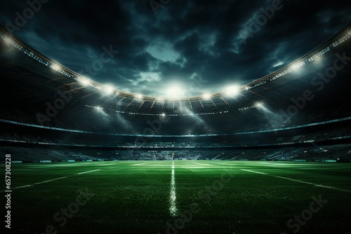 Uniwersalny stadion trawiasty oświetlony reflektorami i pustym boiskiem z zieloną trawą, wielki sport budujący cyfrową 3D tła reklamy ilustrację