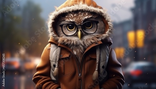 owl in warm autumn clothes. Created in AI
