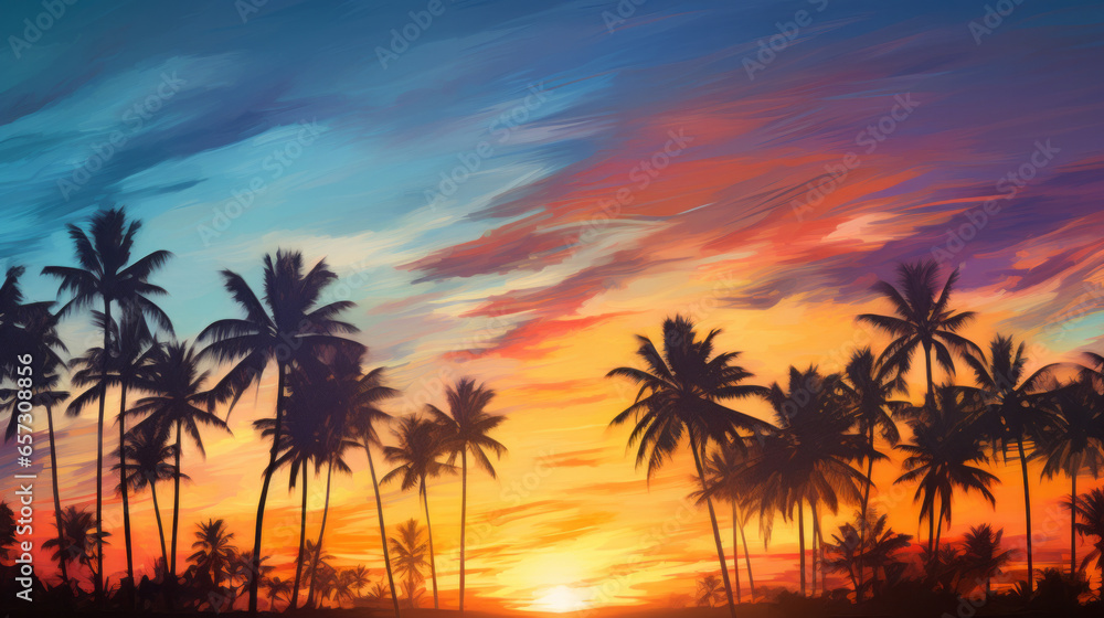 A painting of a sunset with palm trees