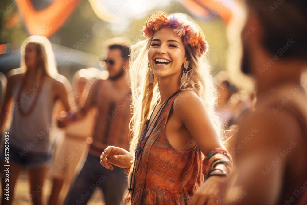 A cute woman dancing in a music festival wearing a bohemian outfit