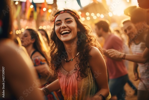 A cute woman dancing in a music festival wearing a bohemian outfit photo