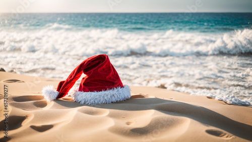 Santa hat against the background of the sea