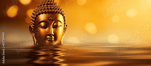 Golden Buddha head floats on water with shining light and a golden background