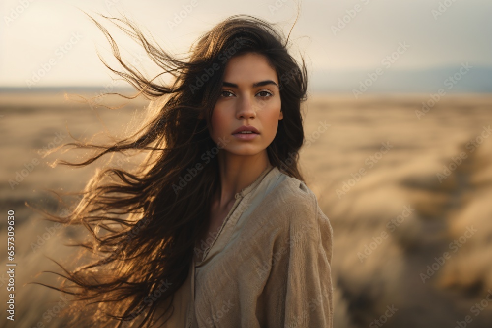 Portrait photo of a beautiful woman in a field with her hair blowing in the wind Portrait photo of a beautiful woman in a field with her hair blowing in the wind