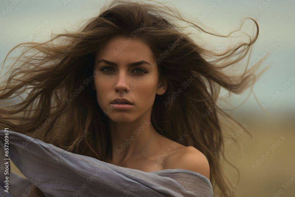 Portrait photo of a beautiful woman in a field with her hair blowing in the wind Portrait photo of a beautiful woman in a field with her hair blowing in the wind