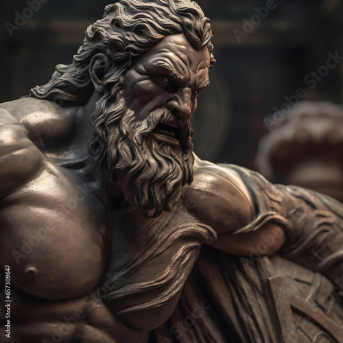 A bronze statue of a muscular man with a beard