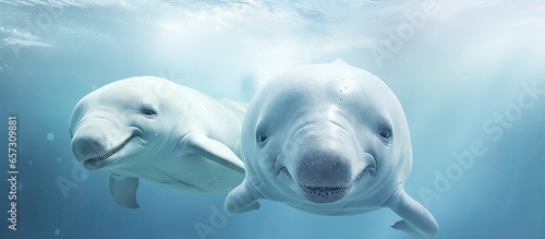 Fotografiet Pair of white beluga whales swimming With copyspace for text