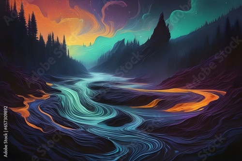 A tumultuous black river flowing through a desolate landscape