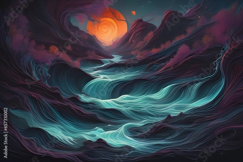 A tumultuous black river flowing through a desolate landscape