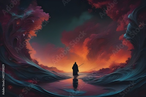 A tumultuous black river flowing through a desolate landscape