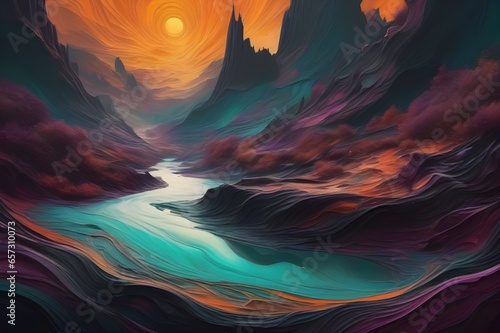 A tumultuous black river flowing through a desolate landscape