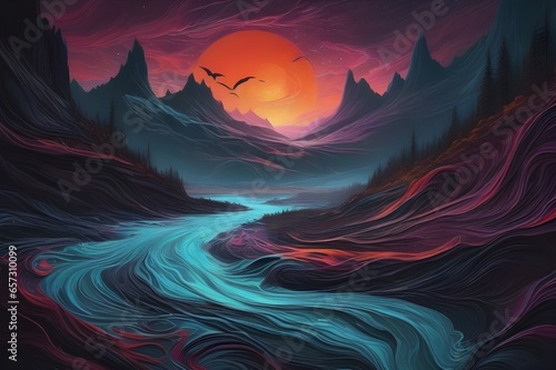 A tumultuous black river flowing through a desolate landscape