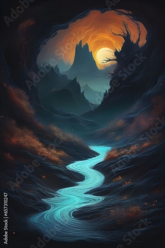 A tumultuous black river flowing through a desolate landscape