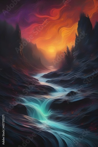 A tumultuous black river flowing through a desolate landscape