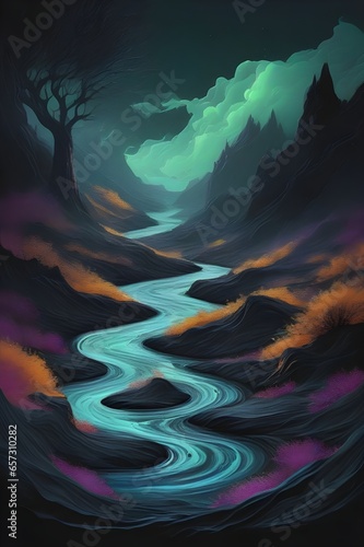 A tumultuous black river flowing through a desolate landscape