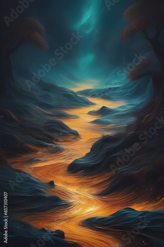 A tumultuous black river flowing through a desolate landscape