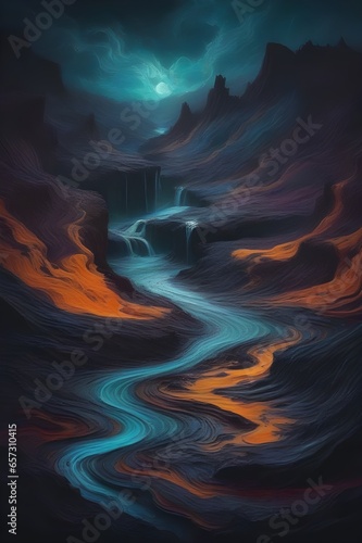 A tumultuous black river flowing through a desolate landscape