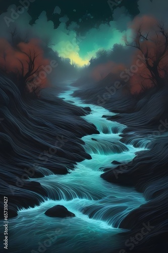 A tumultuous black river flowing through a desolate landscape