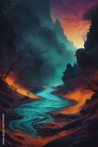 A tumultuous black river flowing through a desolate landscape