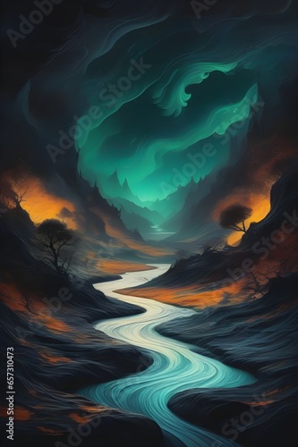 A tumultuous black river flowing through a desolate landscape