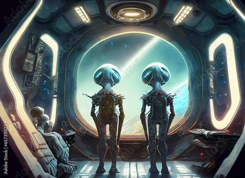 Interior de nave espacial con dos extraterrestres mirando el espacio exterior