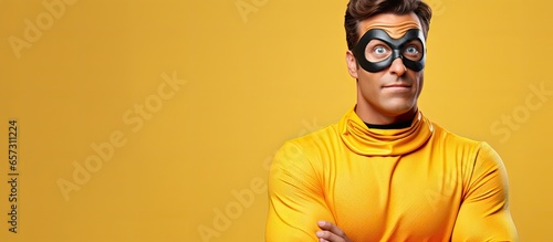 Grimacing superhero with disappointed expression looking at camera With copyspace for text