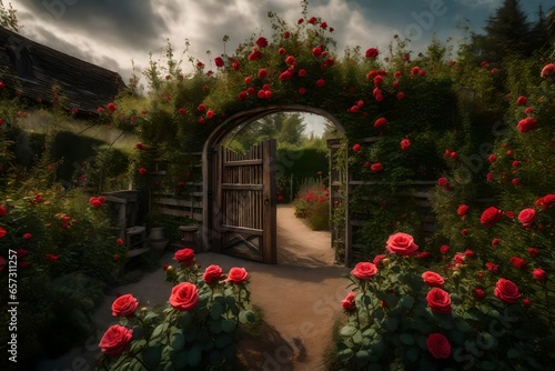 A rendered picture of a secret rose garden hidden behind a rustic wooden gate
