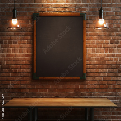 A blackboard on a brick wall with lamps..