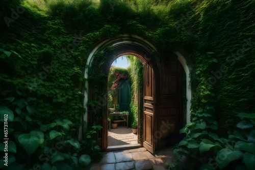 A secret garden hidden behind a magical door covered in vines