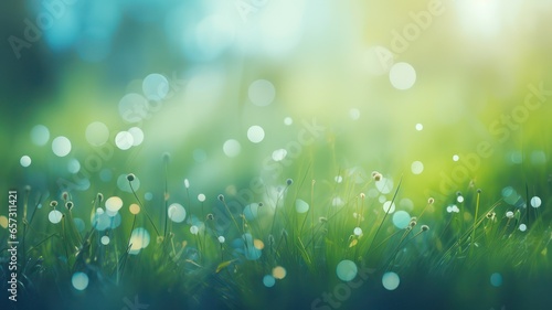 Fresh grass in soft blurred bokeh lights background created with Generative AI