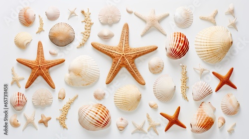  a group of sea shells and starfish on a white background. generative ai
