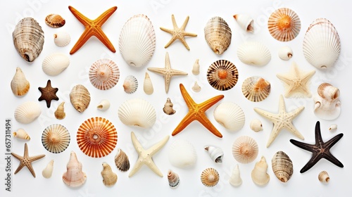  a group of sea shells and starfish on a white background. generative ai