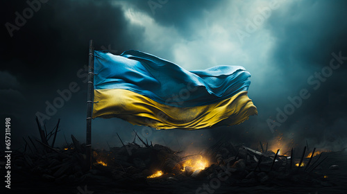 National flag of Ukraine waving in the wind against the background of a destroyed city because of war. © Karim Boiko