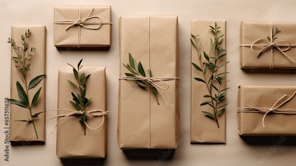 a gift with plain brown kraft paper and adorning it with a single, delicate sprig of greenery. Let the natural elements shine against the neutral background. - obrazy, fototapety, plakaty 