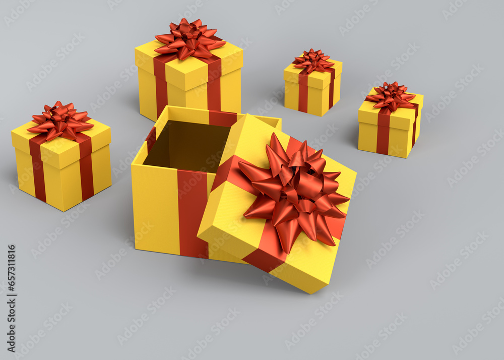 Gift boxes with ribbon and bow for Merry Christmas flying and falling on grey Gift boxes with ribbon and bow for Merry Christmas flying and falling on grey